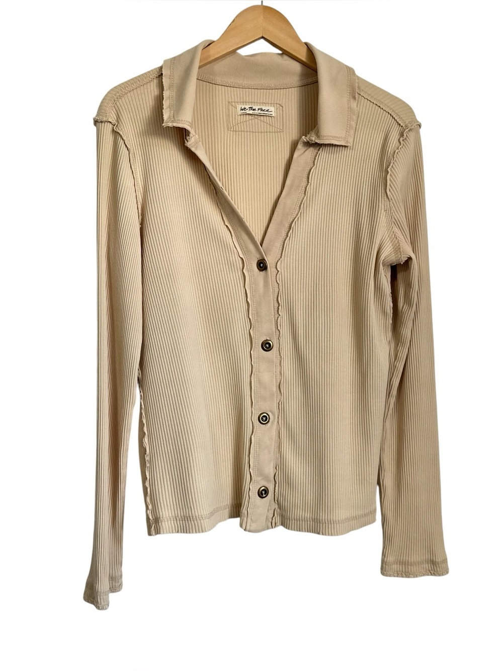 Free People We The Free Womens Ribbed Long Sleeve Button Up Top Sz Large Beige